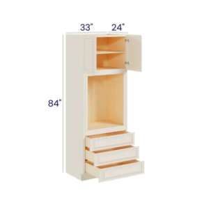 Charleston White - Oven Pantry - 33"W X 84"H X 24"D - Opening 24"W X 24-3/8"H. Two Door, One Large Open Shelf, Three Bottom Drawers. Note: Drawers May Be Removed To Accommodate Double Ovens.
