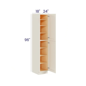 Charleston White - Utility Pantry - 18"W X 24"D X 96"H. Two Adjustable Top Shelves, Three Bottom Shelves. Note: Roll Out Shelf Kits Available.
