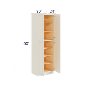 Charleston White - Utility Pantry - 30"W X 24"D X 90"H. Two Adjustable Top Shelves, Three Bottom Shelves. Note: Roll Out Shelf Kits Available.