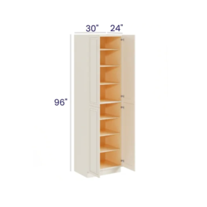 Charleston White - Utility Pantry - 30"W X 24"D X 96"H. Two Adjustable Top Shelves, Three Bottom Shelves. Note: Roll Out Shelf Kits Available