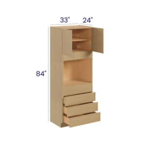 Slim White Oak 33″ W Double Door Oven Pantry Cabinet with Three Drawers